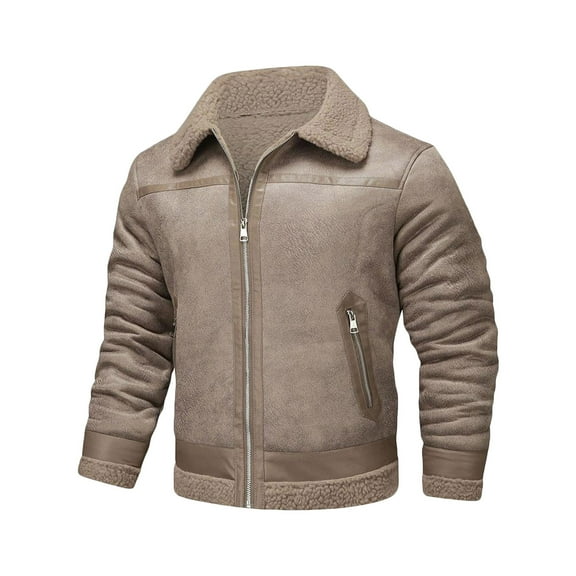 YLSDY Men’s Bomber Jacket Winter Coat Stylish Faux Fleece Lined Leather Jackets Collared Reversible Fleece Jacket Beige M