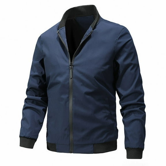 YLSDY Men's Bomber Jacket Zip Up Windbreaker Outdoor Sport Coat Solid Color Stand Collar Long Sleeve Jacket Outwear Dark Blue M
