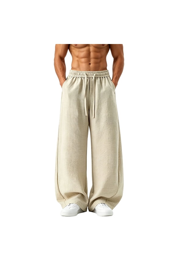 Men's Breathable Linen-Look Wide Leg Pants, Summer Lightweight Drop Crotch Casual Trousers for Men Beige XXXXL