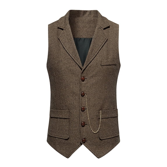 YLSDY Men's Business Casual Slim Fit Suit Vest with Chain Vintage Herringbone Waistcoat Steampunk Gothic Victorian Wedding Party Vest Tweed Vest Coffee XL