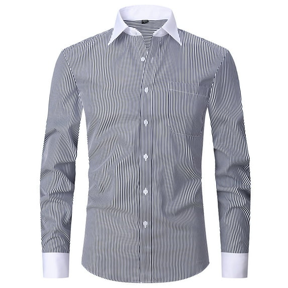 YLSDY Men's Business Long Sleeve Shirt Stripe Print Slim Fit Button Down Dress Shirts French Cuff French Placket Regular Fit Easy Care Black XXXL