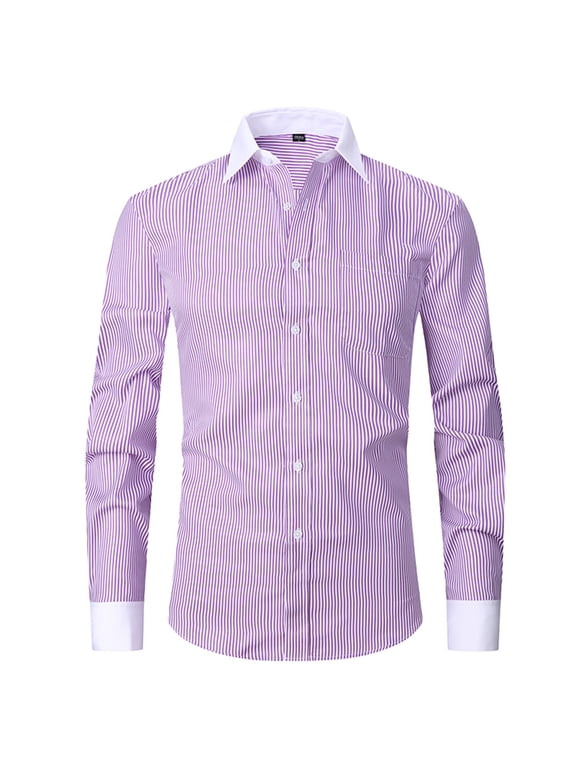 Men's Business Long Sleeve Shirt Stripe Print Slim Fit Button Down Dress Shirts French Cuff French Placket Regular Fit Easy Care Purple XXL