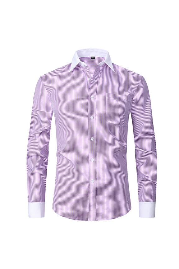 Men's Business Long Sleeve Shirt Stripe Print Slim Fit Button Down Dress Shirts French Cuff French Placket Regular Fit Easy Care Purple XXXL