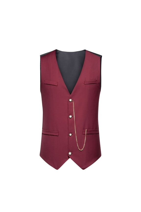 Men's Business Party Chain Suit Vest Wedding Slim Fit Single Breasted Waistcoat V-neck Suit Vintge British Stylish Sleeveless Vest Wine XXL