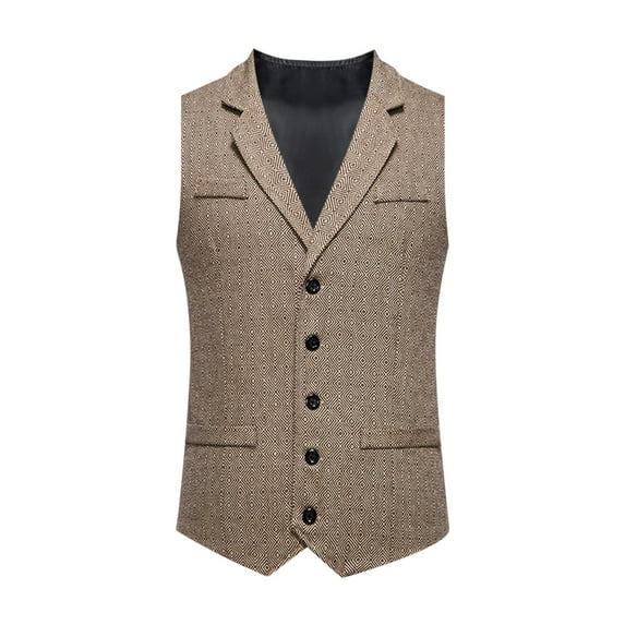 YLSDY Men's Business Vest Spring Herringbone Single Breasted Woolen Vintage Lapel Casual Vest with Pocket Khaki S