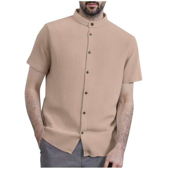 YLSDY Men's Button Down Shirts Short Sleeve Casual Stand Collar Top Loose Comfy Dressy Summer Beach Wedding Party Shirt Khaki S
