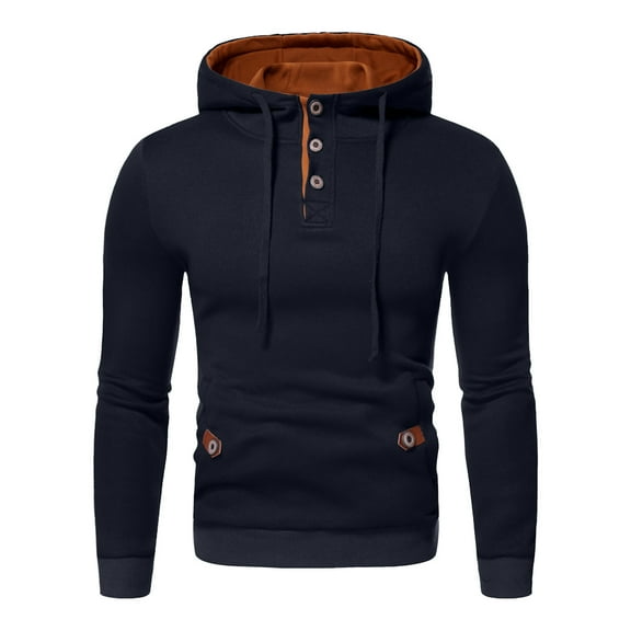 YLSDY Men's Button Up Henley Neck Hooded Sweatshirt Stylish Pullover Outdoor Casual Long Sleeve Workout Hoodies Navy XL