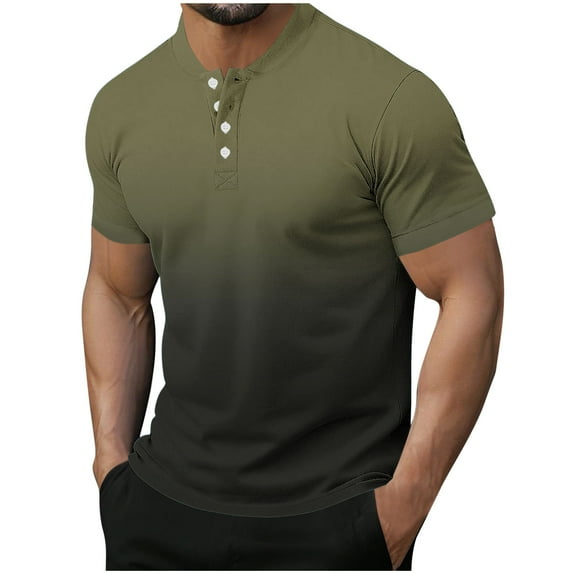 YLSDY Men's Button V-Neck Casual T-Shirts Summer Printed Short Sleeve Blouses Shirts Classic Fit Pullover Stylish Shirts Army Green XXL