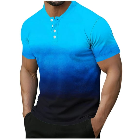 YLSDY Men's Button V-Neck Casual T-Shirts Summer Printed Short Sleeve Blouses Shirts Classic Fit Pullover Stylish Shirts Sky Blue XXL