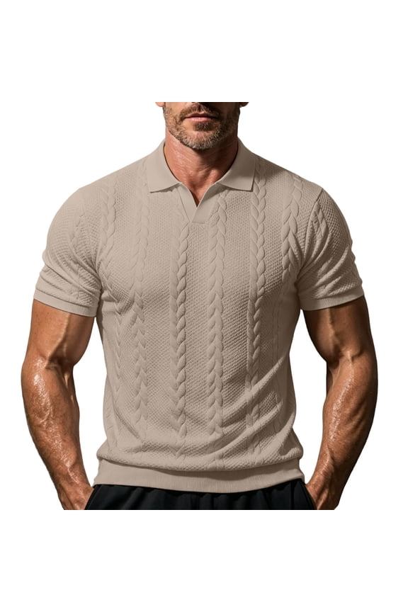 Men's Cable Knit Golf Shirt, V-Neck with Open Collar, Short Sleeve Textured Casual Top Khaki S