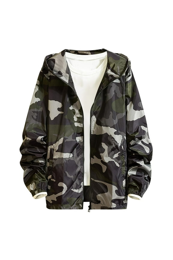Men's Camo Hooded Jackets Long Sleeve Windbreaker Lightweight Jacket Zipper Closure Outdoor Camouflage Hiking Coats Black XL