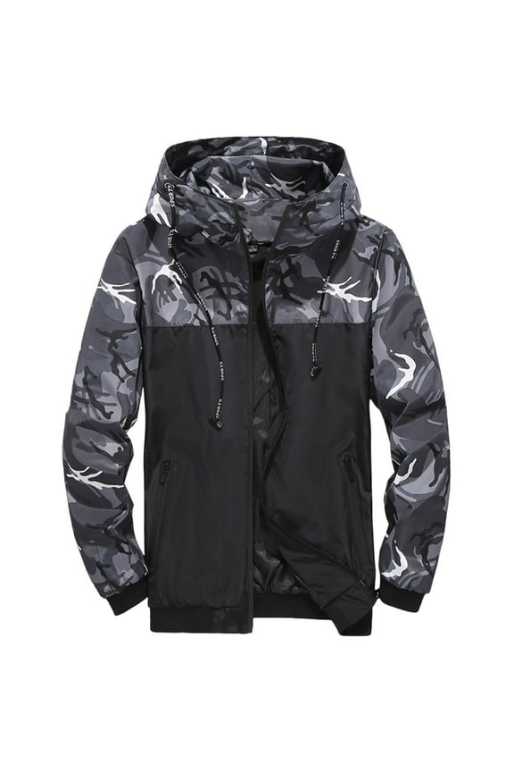 Men's Camo Zipper Hooded Jacket Windbreaker Lightweight Outwear Large Size Lightweight Sport Coat Gray XXXXXL