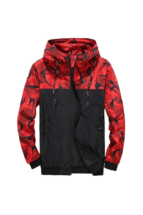 Men's Camo Zipper Hooded Jacket Windbreaker Lightweight Outwear Large Size Lightweight Sport Coat Red XXXXXL