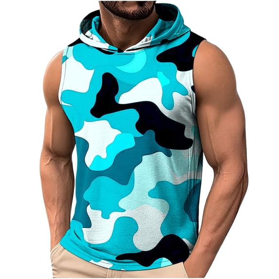 YLSDY Men's Camouflage Sleeveless Hooded Vest, Basic Drawstring Pullover for Sports and Casual Outfits Blue XL