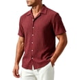 thumbnail image 1 of YLSDY Men's Camp Collar Crinkle Linen Shirt, Button-Down Short Sleeve with Relaxed Fit, Vacation Style Top Wine M, 1 of 9