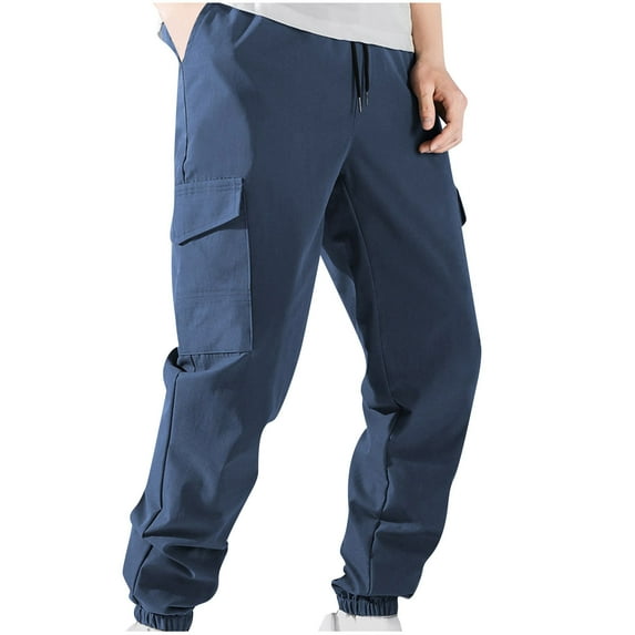 YLSDY Men's Cargo Elastic Ankle Pants with Pocket Comfy Full Length Pants Solid Color High Waist Comfy Lounge Pants Casual Fashion Fall Winter Long Trousers Navy M