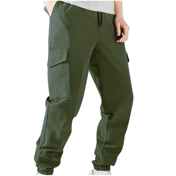 YLSDY Men's Cargo Elastic Ankle Pants with Pocket Comfy Full Length Pants Solid Color High Waist Comfy Lounge Pants Casual Fashion Fall Winter Long Trousers Army Green XXL
