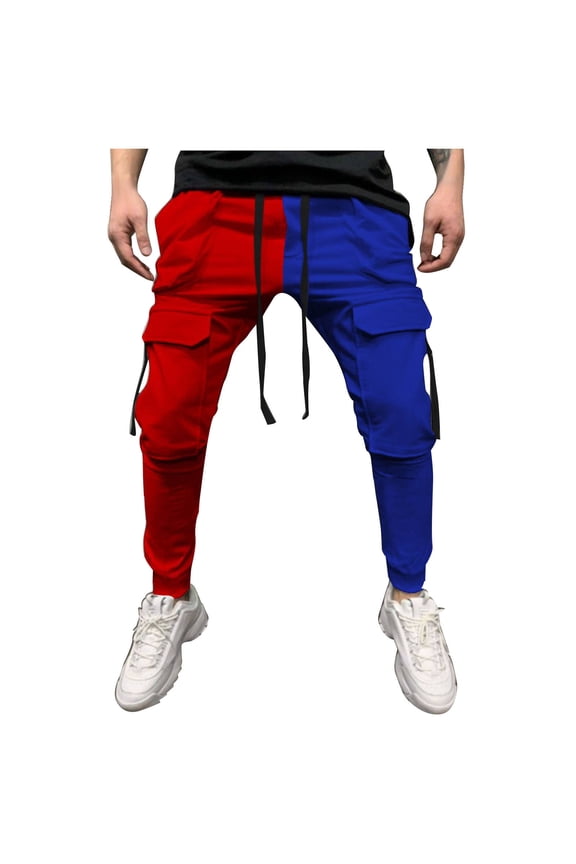 Men's Cargo Pants Red Split Color Jogger Pants Drawstring Waist Sweatpants Loose Fit Streetwear Trousers Blue L