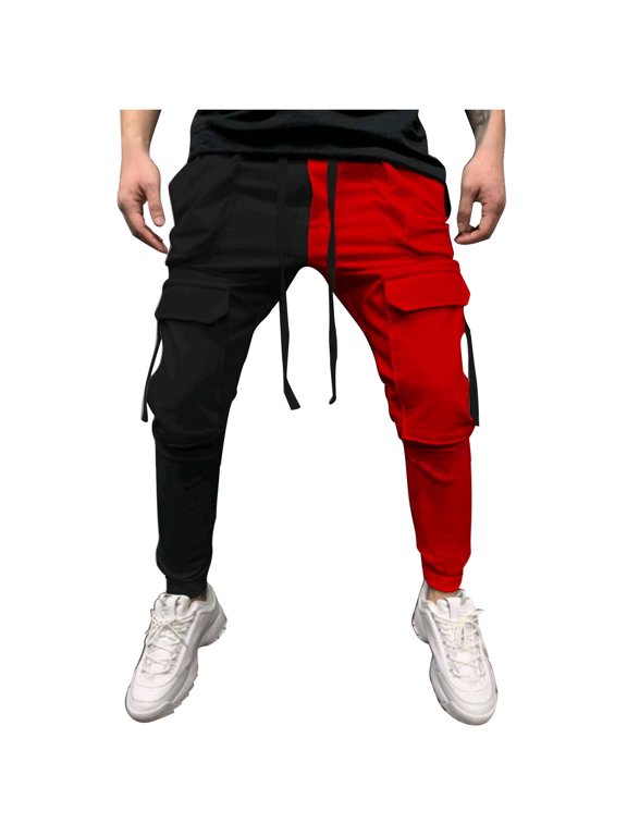 Men's Cargo Pants Red Split Color Jogger Pants Drawstring Waist Sweatpants Loose Fit Streetwear Trousers Red L