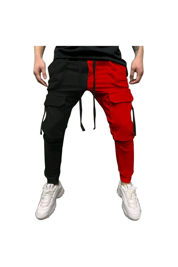 Men's Cargo Pants Red Split Color Jogger Pants Drawstring Waist Sweatpants Loose Fit Streetwear Trousers Red M