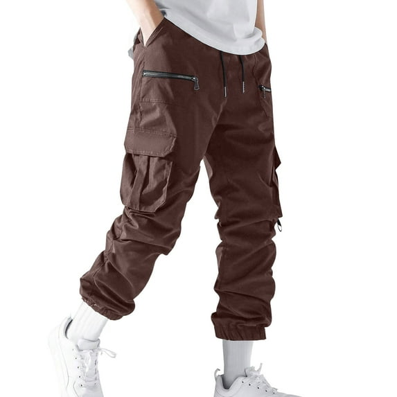 YLSDY Men's Cargo Pants for Drawstring Multi Pocket Casual Pants Loose Fit Lightweight Hiking Cotton Twill Pants Coffee M