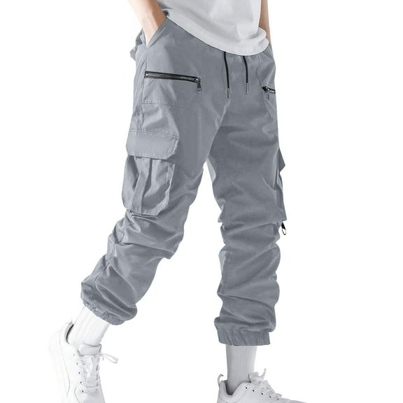 YLSDY Men's Cargo Pants for Drawstring Multi Pocket Casual Pants Loose Fit Lightweight Hiking Cotton Twill Pants Gray S