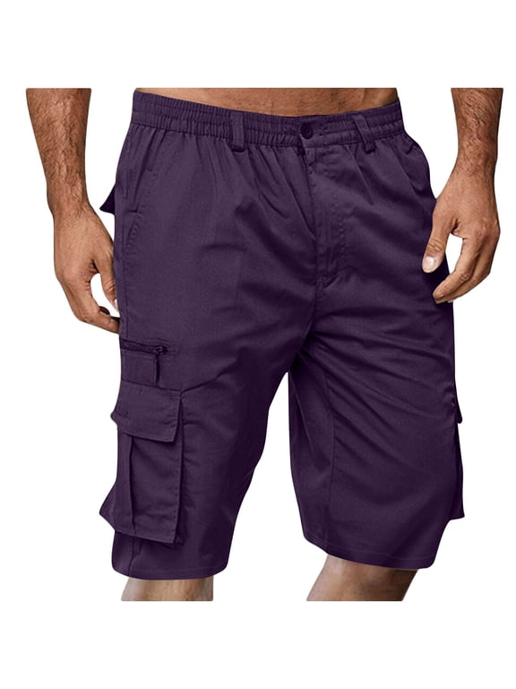 Men's Cargo Shorts Cotton Loose Fit Multi-Pockets Solid Color Zipper Summer Beach Shorts Purple M