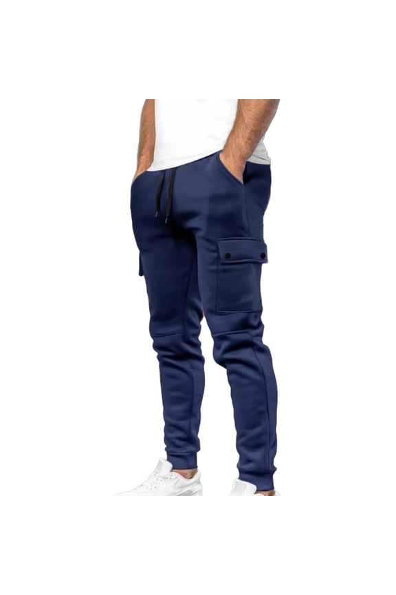 Men's Cargo Sweatpants Fleece Joggers Casual Tactical Pant Hiking Jogger Cargo Baggy Sweatpants for Men with Pockets Navy L