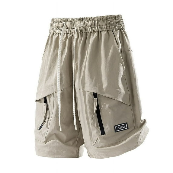 YLSDY Men's Casual Baggy Shorts Drawstring Waist Outdoor Workout Work Short Lightweight Cargo Shorts with Zipper Pockets Khaki L