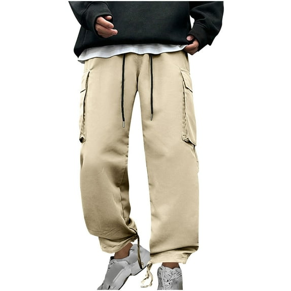 YLSDY Men's Casual Cargo Pants Loose Lightweight Stretch Workout Lounge Trouser Elastic Waist Drawstring Joggers Pants Khaki 10