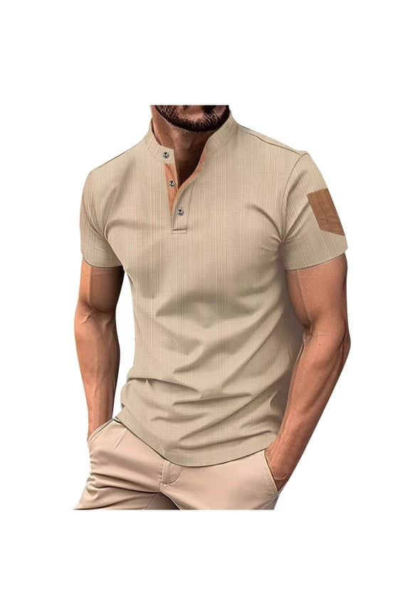 Men's Casual Henley Shirt Short Sleeve Band Collar Cotton T-Shirt Fashion Summer Beach Plain Hippie Streetwear Tees Khaki XL