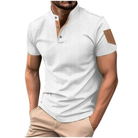 YLSDY Men's Casual Henley Shirt Short Sleeve Band Collar Cotton T-Shirt Fashion Summer Beach Plain Hippie Streetwear Tees White L