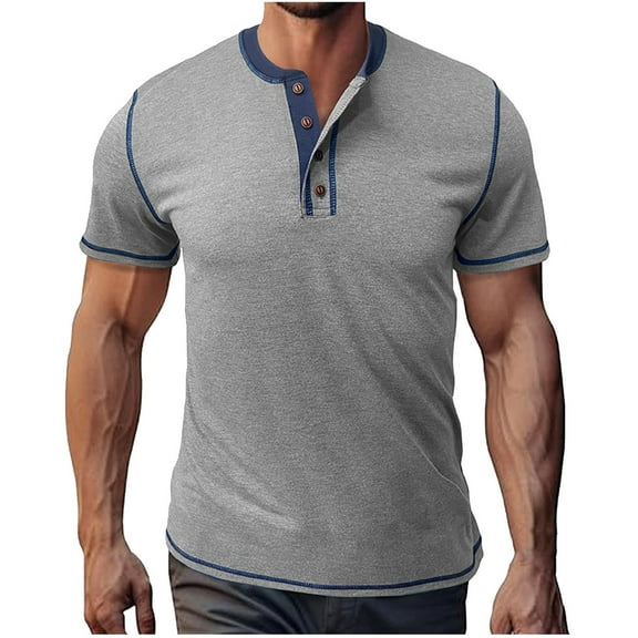 YLSDY Men's Casual Henley Shirts Classic Button Cotton Short Sleeve T-Shirt Summer Basic Solid Lightweight Tees Tops Gray S