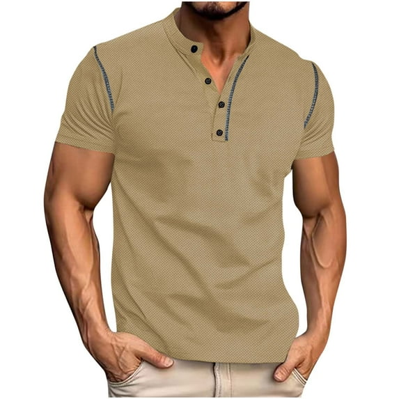 YLSDY Men's Casual Henley Shirts Classic Button Cotton Short Sleeve T-Shirt Summer Basic Solid Lightweight Tees Tops Khaki XXXL