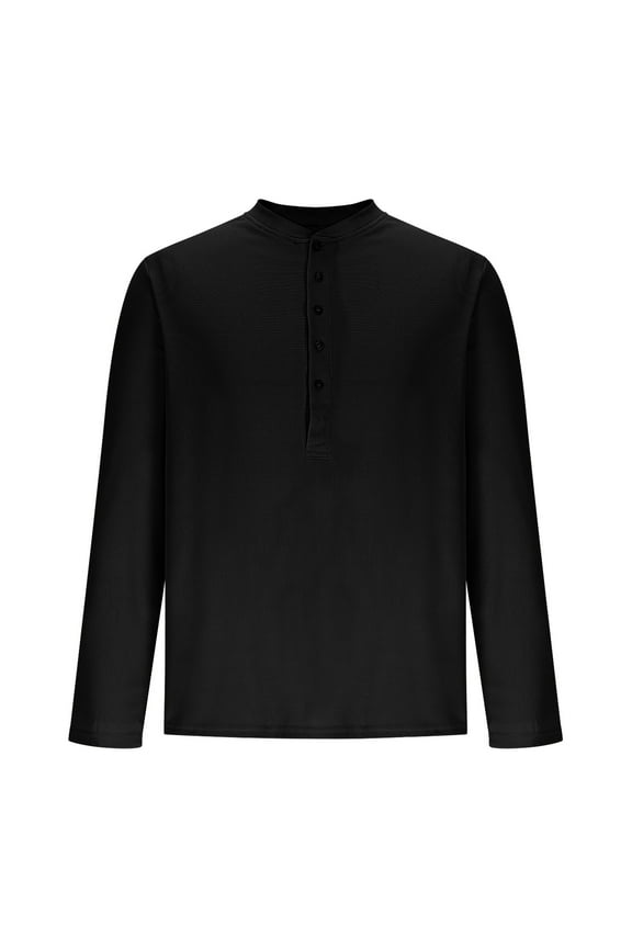 Men's Casual Henley Tee Shirt Band Collar Long Sleeve Summer Fall Fashion Solid Tops Hippie Button Up High Neck Shirts Black M