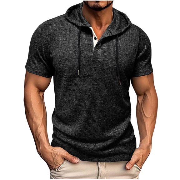 YLSDY Men's Casual Hooded Sweatshirts Fashion Hoodies Short Sleeve Solid Color Pullover Top Summer Blouse Black S