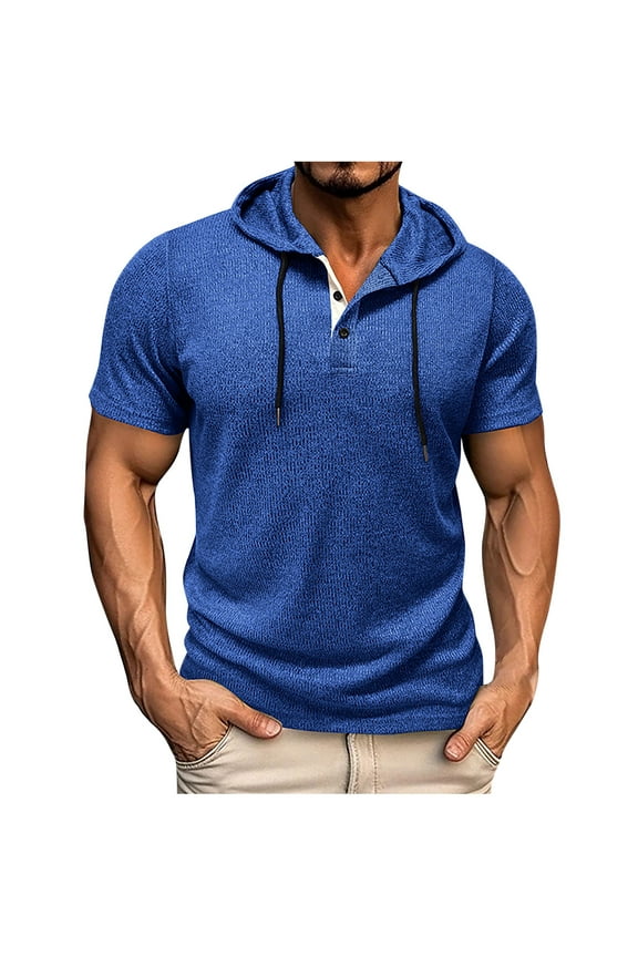 Men's Casual Hooded Sweatshirts Fashion Hoodies Short Sleeve Solid Color Pullover Top Summer Blouse Blue S