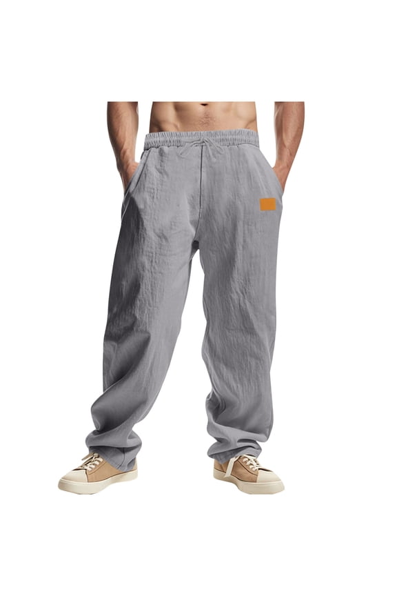 Men's Casual Linen Pants Elastic Waist Drawstring Pant Lightweight Wide Leg Trousers Solid Comfy Fall Clothes Gray S