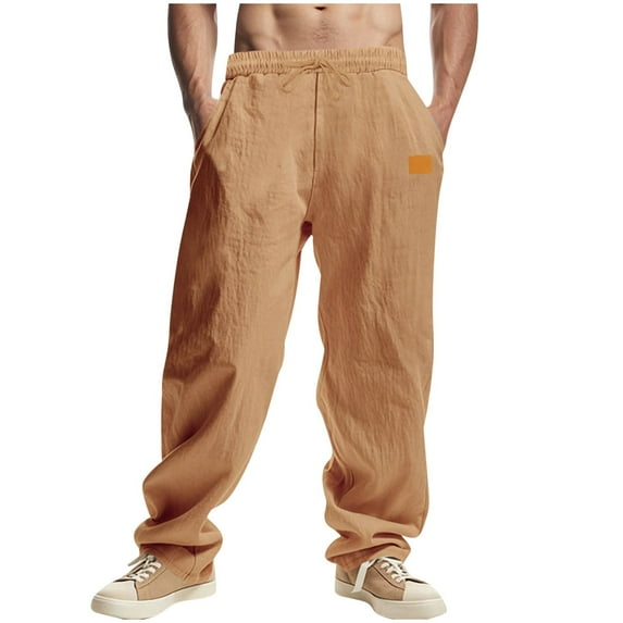 YLSDY Men's Casual Linen Pants Elastic Waist Drawstring Pant Lightweight Wide Leg Trousers Solid Comfy Fall Clothes Yellow XXL