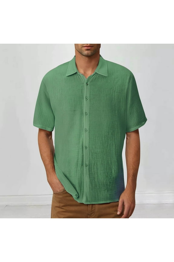 Men's Casual Short Sleeve Button Down Shirts Summer Cotton Linen Vacation Shirt Lightweight Textured Shirts Green L