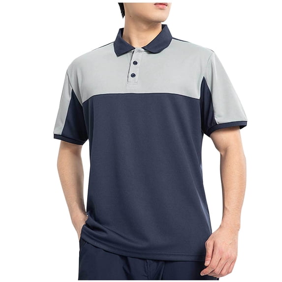 YLSDY Men's Casual Short Sleeve Moisture Wicking Performance Golf Button Collared Contrast Color Patchwork Pique Shirts Tops Navy L