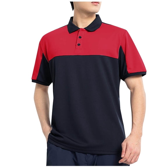 YLSDY Men's Casual Short Sleeve Moisture Wicking Performance Golf Button Collared Contrast Color Patchwork Pique Shirts Tops Red M