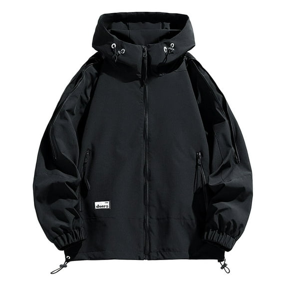 YLSDY Men's Casual Solid Cargo Jacket Full Zip Unisex Outdoor Camping Hooded Coat Long Sleeve Fishing Hiking Jackets Black XXXL