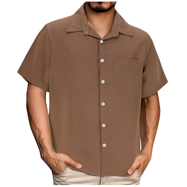 YLSDY Men's Casual Tshirt Shirt Short Sleeve Stretchy Summer Button Up Shirt Lightweight Loose Fit Soft Touch Tee Brown S