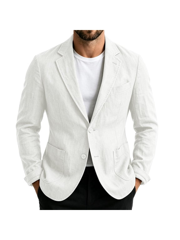 Men's Casual Unstructured Blazer Single Breasted Two‑Button Closure Multi‑Pocket Design Roll‑Up Sleeve Friendly Outer Jacket for Smart‑Casual Scenarios White M