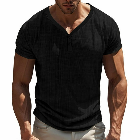 YLSDY Men's Causal Faux Linen Fabric T Shirt Summer Solid Color Buttons Henley Collar Short Sleeve T Shirts Black L
