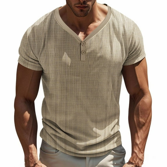YLSDY Men's Causal Faux Linen Fabric T Shirt Summer Solid Color Buttons Henley Collar Short Sleeve T Shirts Khaki S