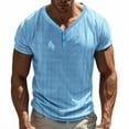 thumbnail image 1 of YLSDY Men's Causal Faux Linen Fabric T Shirt Summer Solid Color Buttons Henley Collar Short Sleeve T Shirts Light Blue XXXL, 1 of 7