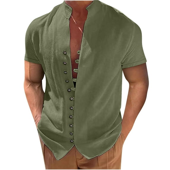 YLSDY Men's Chinese Style Frog Tops Summer Beach Hawaiian T-Shirts Short Raglan Sleeve Shirts Button Down Stand-Up Collar Tees Loose Lightweight Holidays Blouses Army Green XXXL