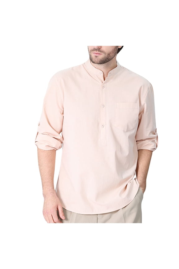 Men's Chinese Style Long Sleeve Linen Shirt Button Down Mandarin Collar Solid Loose Fit Tunic Dress Shirts with Pocket Pink XXXL